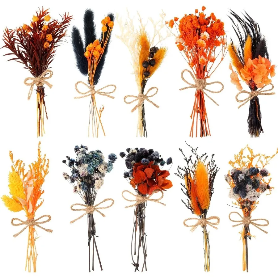 

10 упаковок букета из сушеных цветов, черный, оранжевый, осенний декор, цветы с стебликами, мини-сушеные тисненые цветы, цветочная композиция