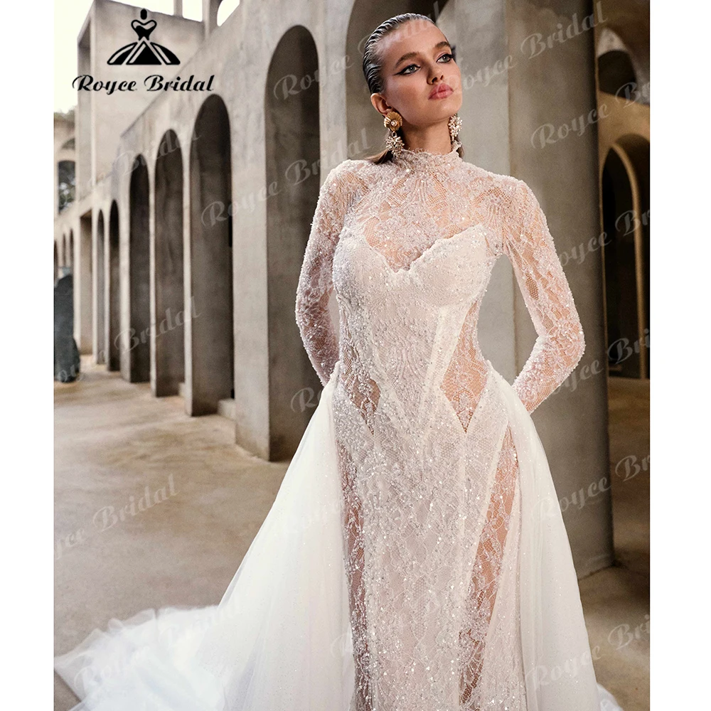 Beaded Lace Mermaid Wedding Dress with Detachable Tulle Overskirt and Removable Long Sleeve High Neck Topper abiti da spo Custom