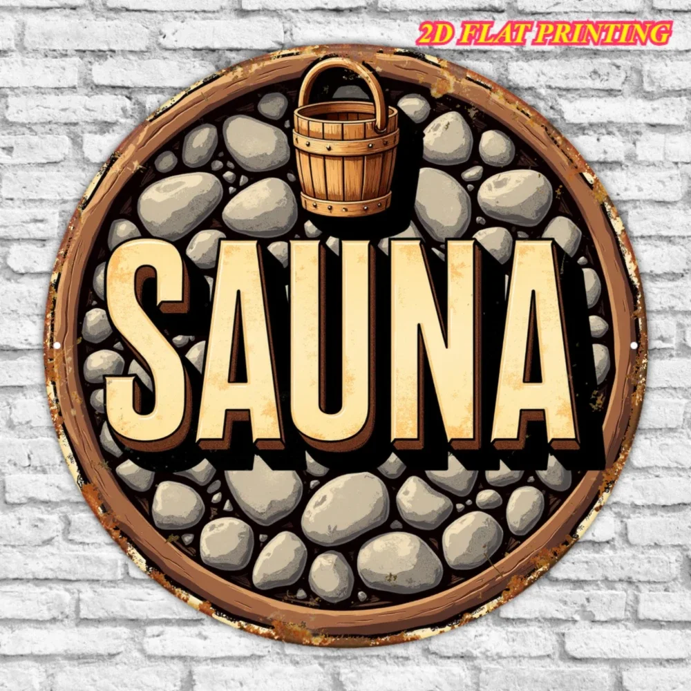 2D Flat - 2D Design, a Vintage Sauna Sign Featuring a Sauna Tub And Rocks - Rustic Sauna Decor, Metal Wall Plaque Suitable for H