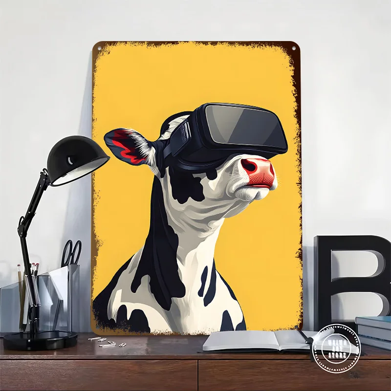 Cow With VR Headset on Yellow Printed Poster Customized Retro Wall Art Vintage Metal Tin Signs for Home Room Accessories Decor
