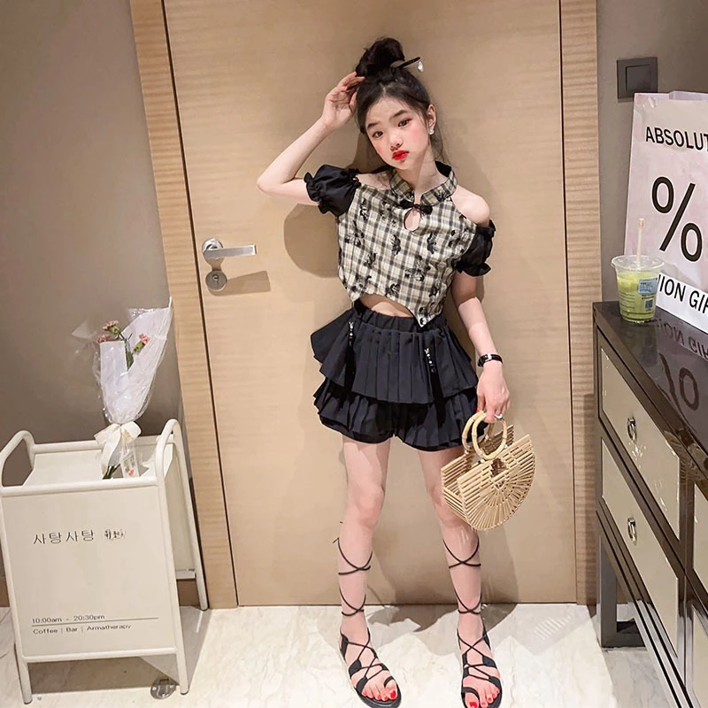 Girls Suits Disclasp Pendant Gauze Embroidery Skirt Set 2024 New Medium and Large Children Fashion Neckline Plaid Short Sleeve