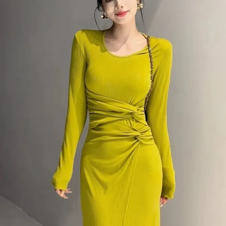 Korejepo French New Elegant  Fashionable Waist Design Temperament High Thin High Waist Solid Color Long Sleeved Dress Women