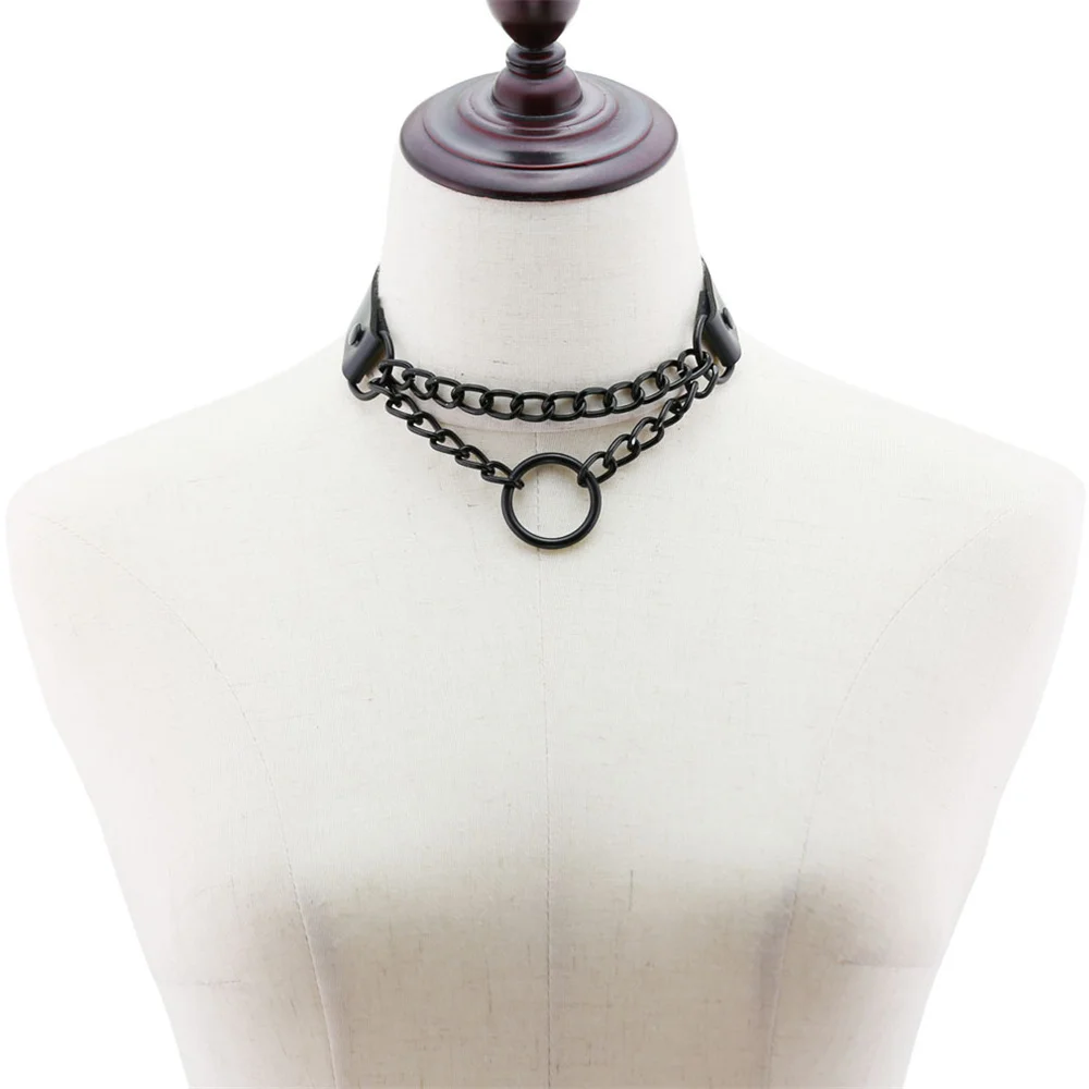 New Round Layered Necklace Black Chain Necklaces for Women Men Pu Leather Gothic Punk Statement Choker Necklace Cosplay Jewelry