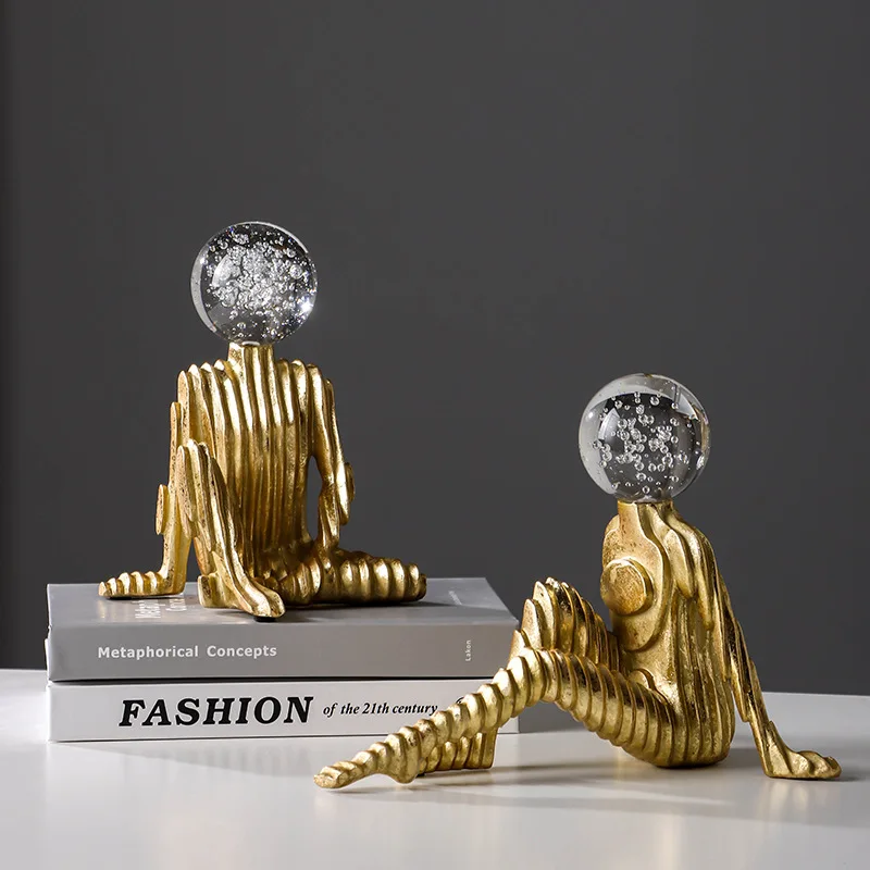 

Resin Figure Sculpture Abstract Geometric Golden Figures Transparent Balls Art Decorative Figurines Home Decoration