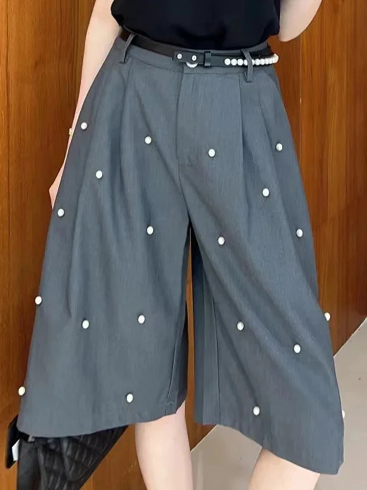 

Gray bead suit five straight leg pants 2024 casual pants women's summer A line new wide leg shorts
