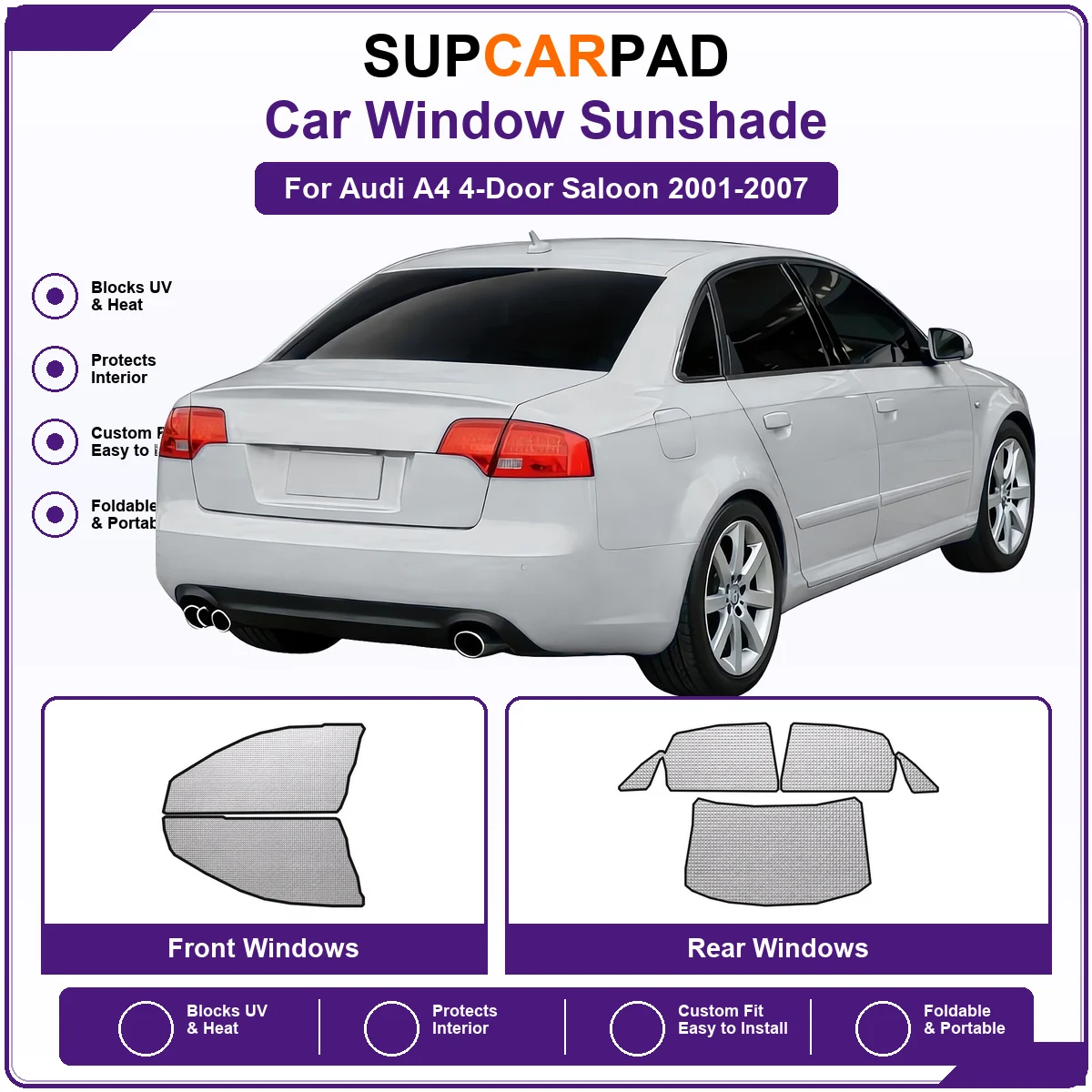 For Audi A4 4-Door Saloon 2001-2007 Pre‑Cut Auto Window Sunshade Anti‑UV Car Sun Visor Protector