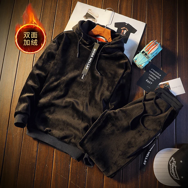 Winter Warm Mannen Fluwelen Pak Winter Nieuwe Goud Fluwelen Set Twee Stuk Trainingspak