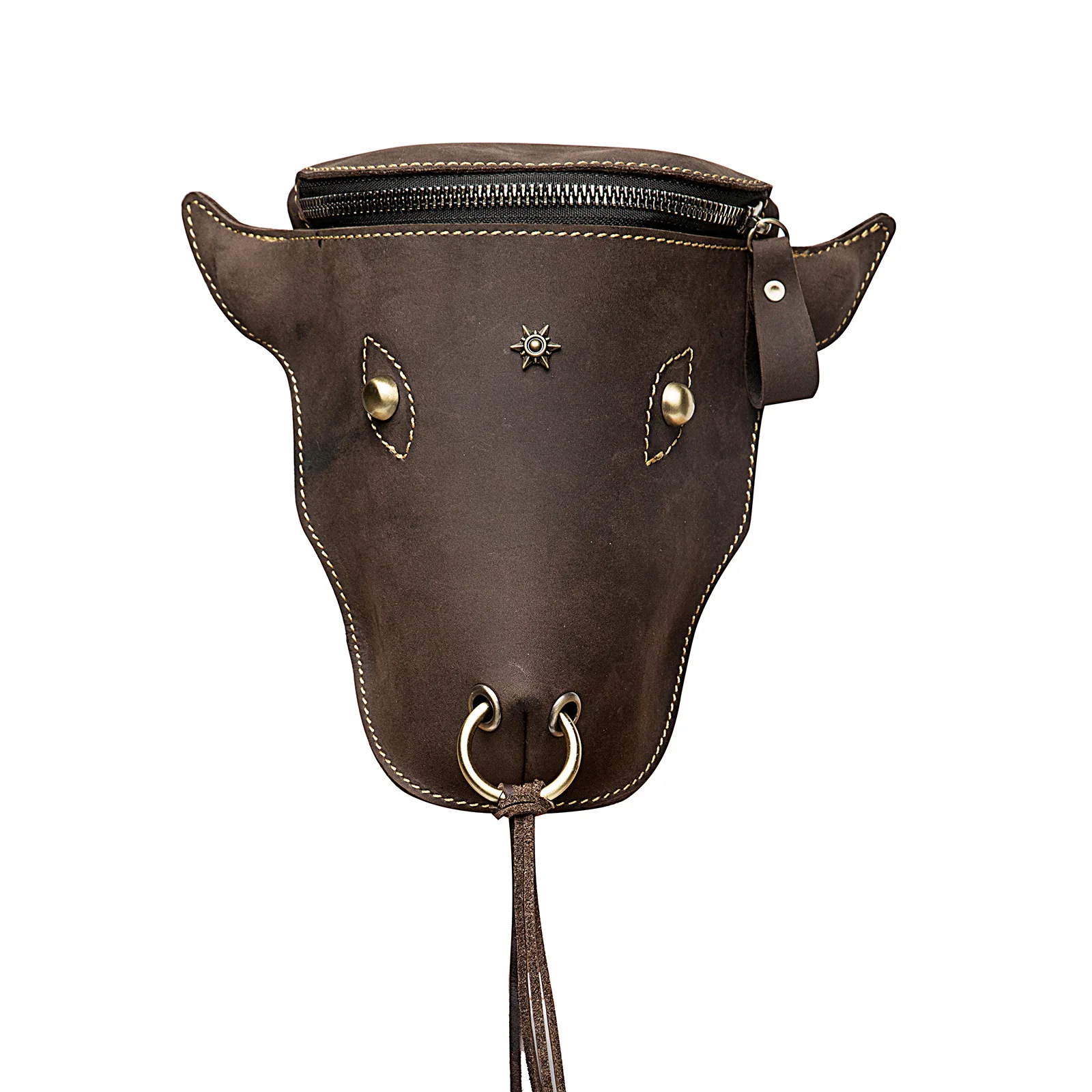 Medieval Design Casual Brown Fashion Travel Men\'s Retro Cool Bull Head Large Capacity 7\'\' Waist Bag Leg Bag Phone Bag Bull Head