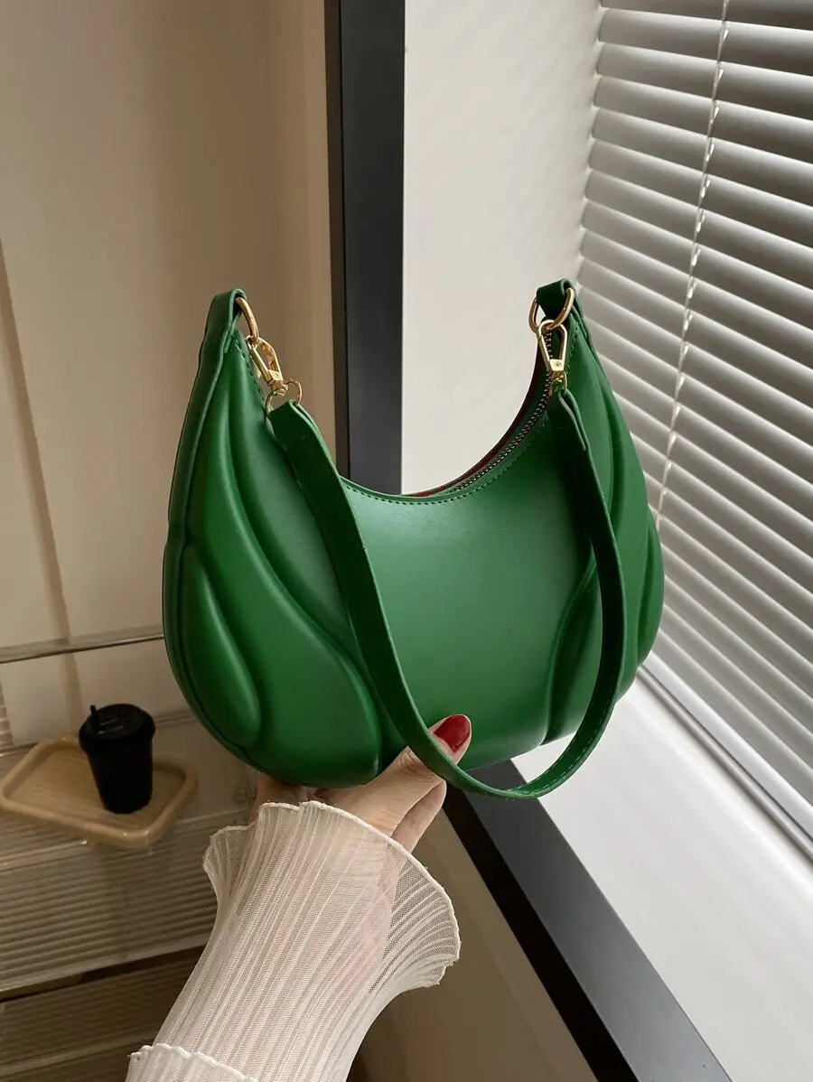 

Green Embossed PU Leather Half Moon Shoulder Bag For Women Daily Use
