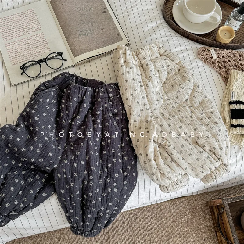 LILIGIRL 2025 جديد الشتاء طفل الفتيات السراويل المطبوعة رشاقته الدافئة المحشوة بالقطن الكورية نمط الأطفال بناطيل كاجوال