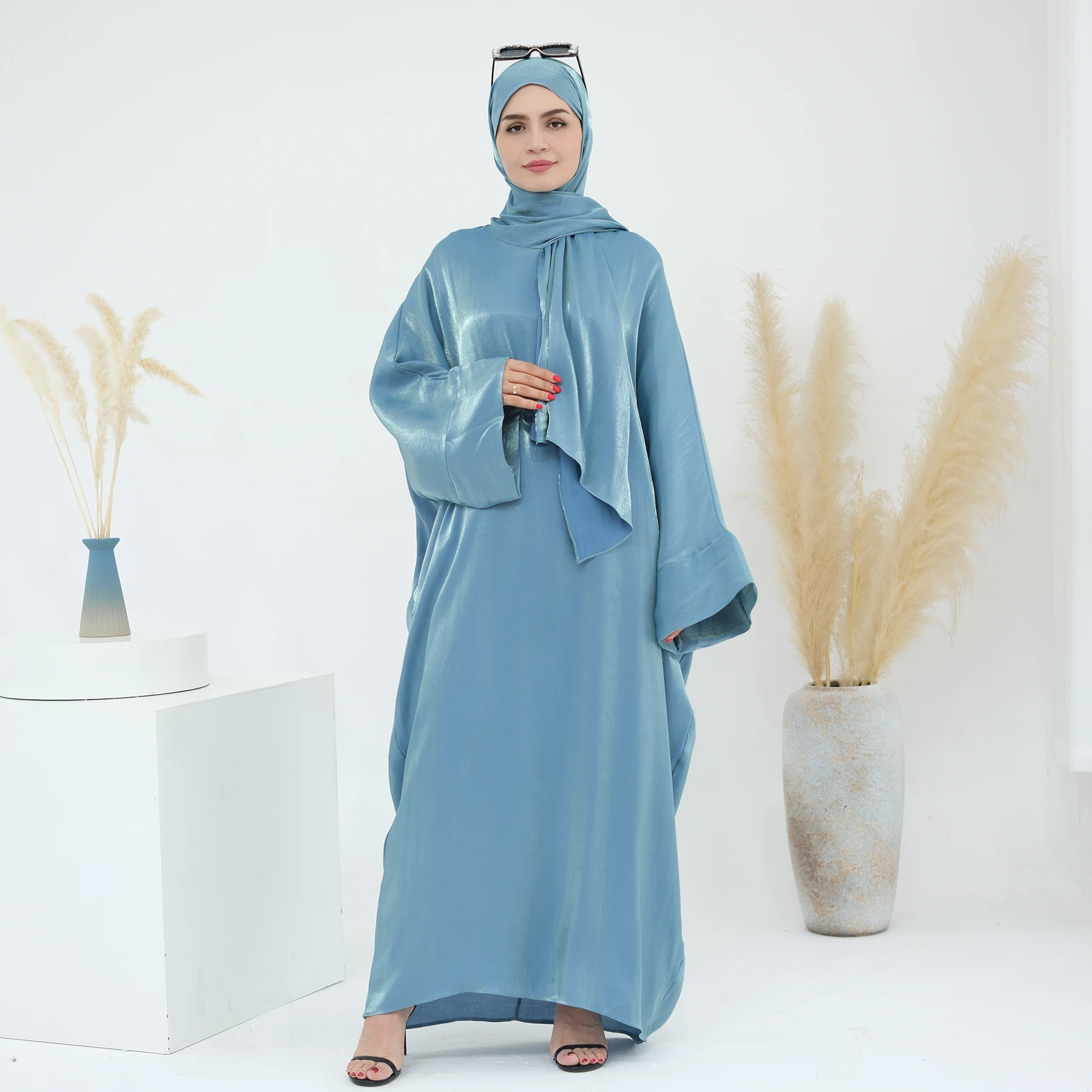 Women Muslim Abaya Attached Hijab Light Blue Polyester Long Sleeve Maxi Dress Islamic Modest Clothing Eid Wedding Party