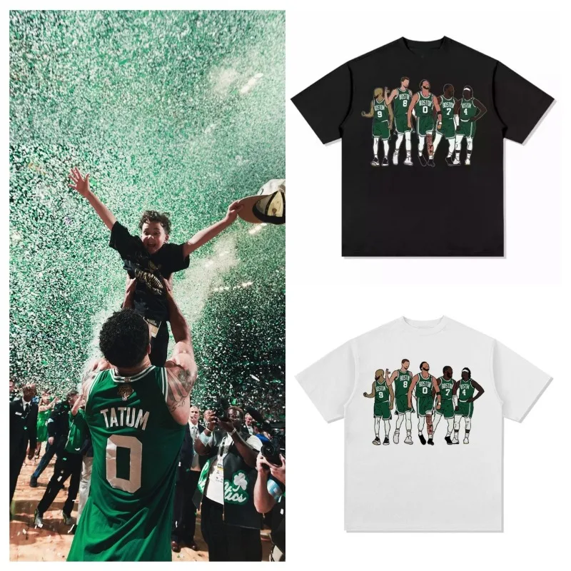 

Летняя футболка Celtics с изображением звезды американского футбола, уличная футболка в стиле хип-хоп, трендовый бренд, ретро-принт, 250 г, тяжелая свободная рубашка с короткими рукавами