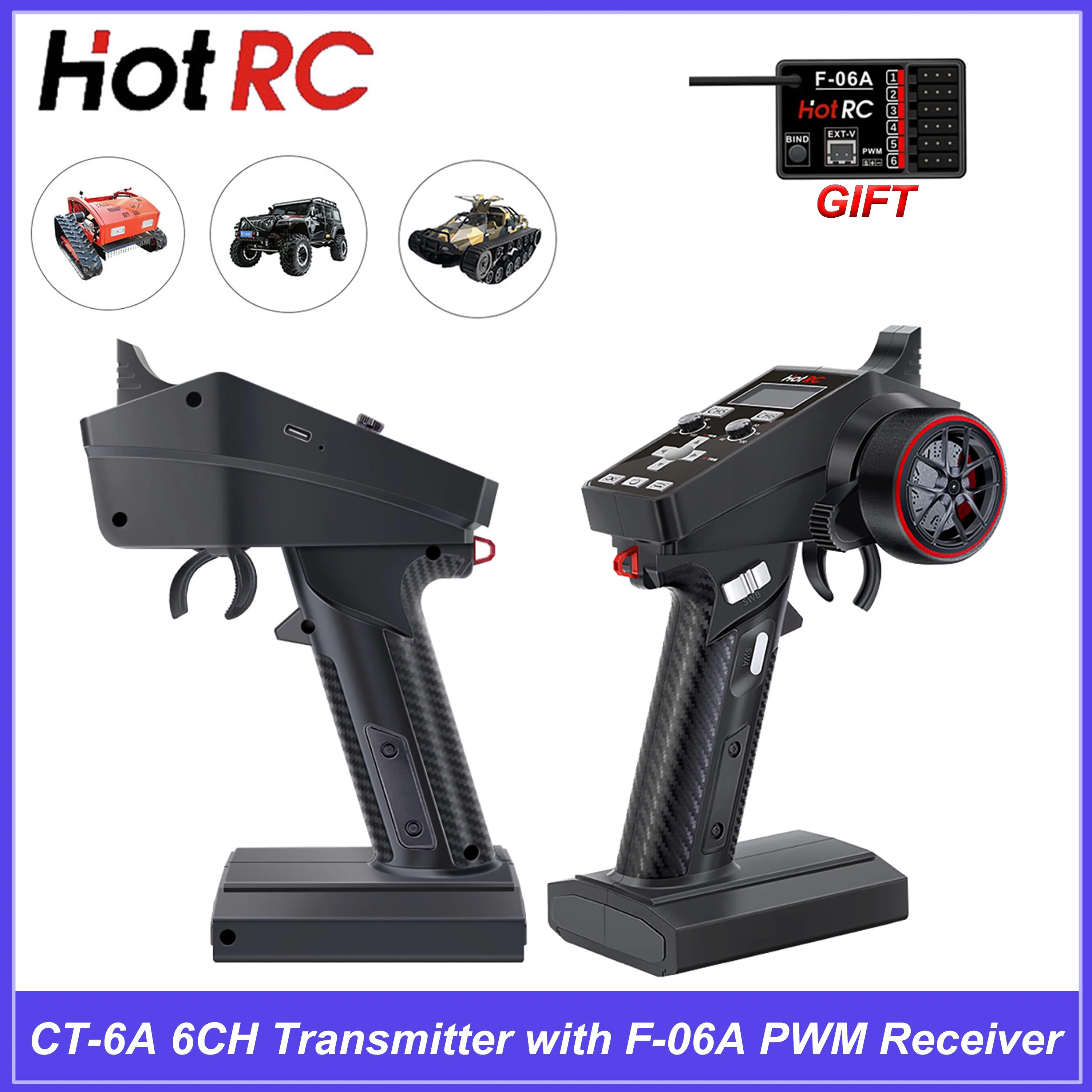 H ​ otRC CT-6A 6채널 2.4GHz 무선 시스템 송신기 CT6A와 F-06A PWM 수신기 (RC 자동차, 크롤러 트럭, 탱크, 보트, 드론, RC 모델용)