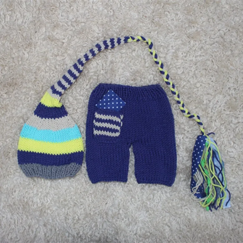 Newborn Studio Photography Costume Props Striped Tassel Long Tail Hat Matching Pants Infant Photo Shooting Outfit Accessories