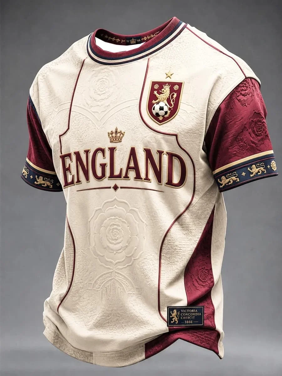 Men Black Red Gold England Football T Shirt Golden Lion Crown Print Short Sleeve O-neck Sports Jersey  Soccer Supporter Top