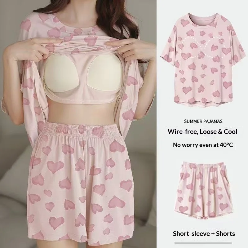 pijamas-femininos-de-verao-com-mangas-curtas-e-almofada-no-peito-conjunto-de-roupa-para-casa-pijamas-com-estampa-de-bolinhas-e-calcas-curtas