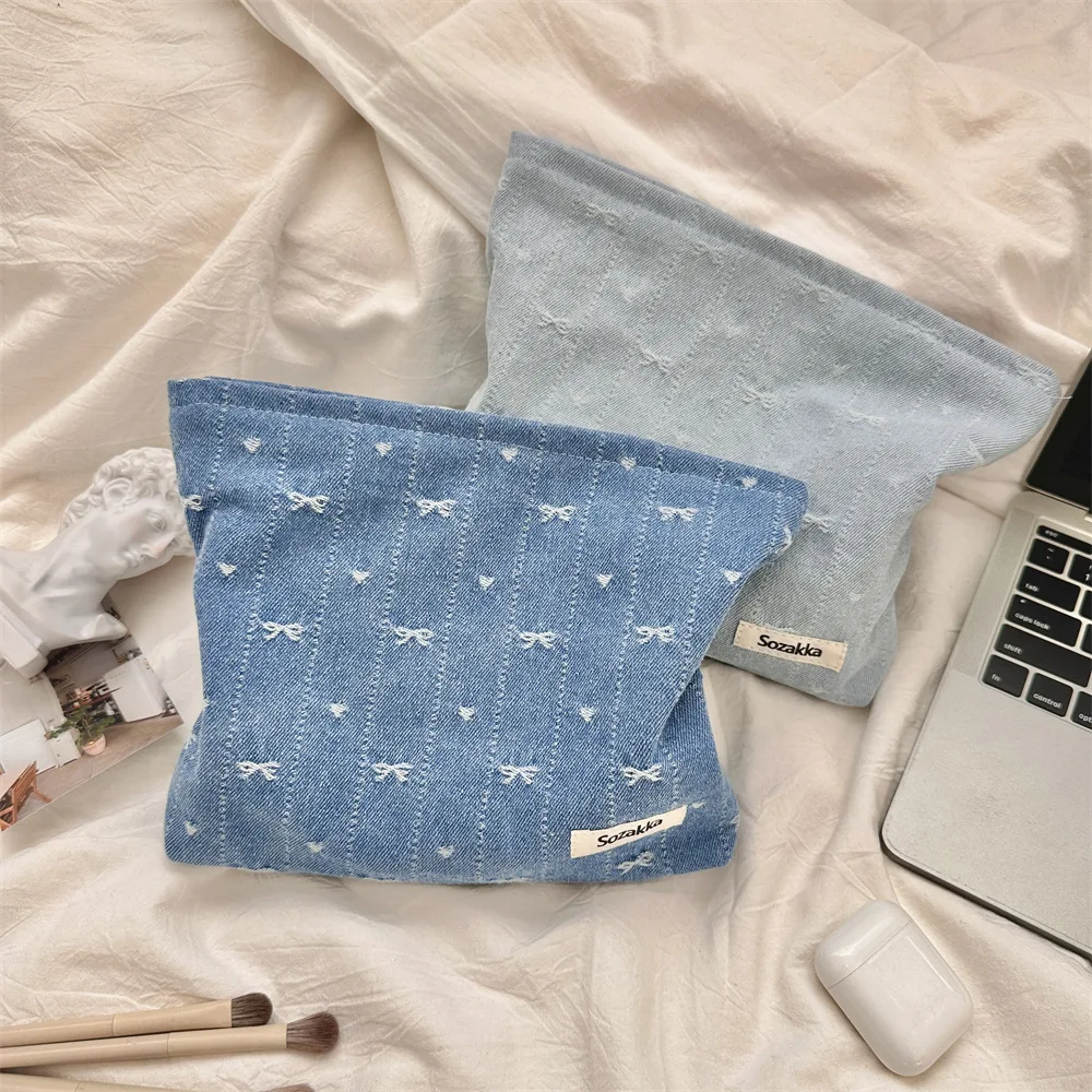 Zipper Denim Makeup Bag Large Capacity Multifunctional Bow Cosmetic Bag Clutch Bag Toiletry Organizer Skincare Storage Bag Cable