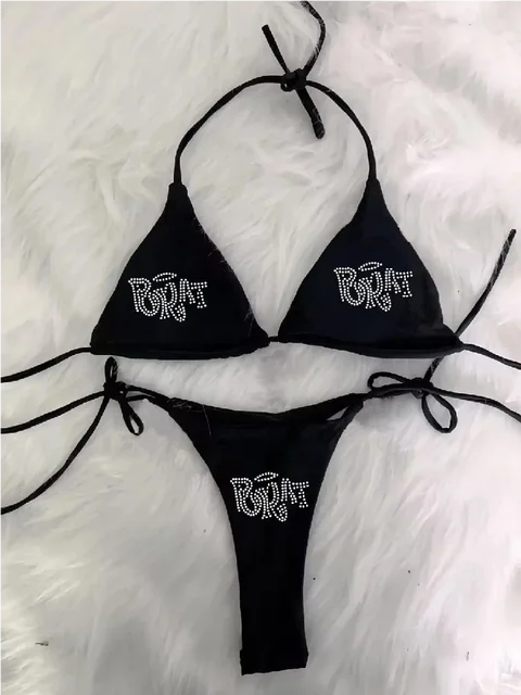2000s Woman Punk New Beach Swimwear gotyckie ubrania BRAT Rhinestone drukowanie Grunge Strój kąpielowy Bikini Y2K Kostiumy kąpielowe Lace Up ﻿