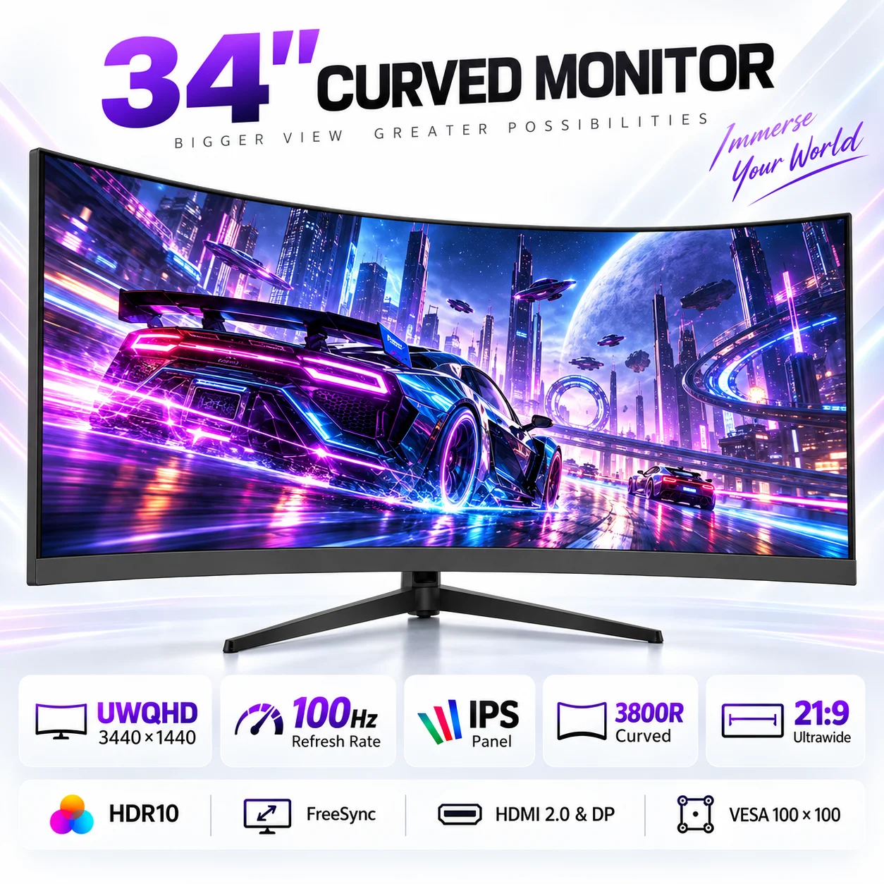 Monitor da gioco curvo da 34 pollici, 100 Hz, UWQHD, risoluzione 3440×1440, formato 21:9, display IPS, curvatura 3800R, HDR10, FreeSync, HDMI 2.0 e DP, supporto VESA 100×100, ideale per il gaming e