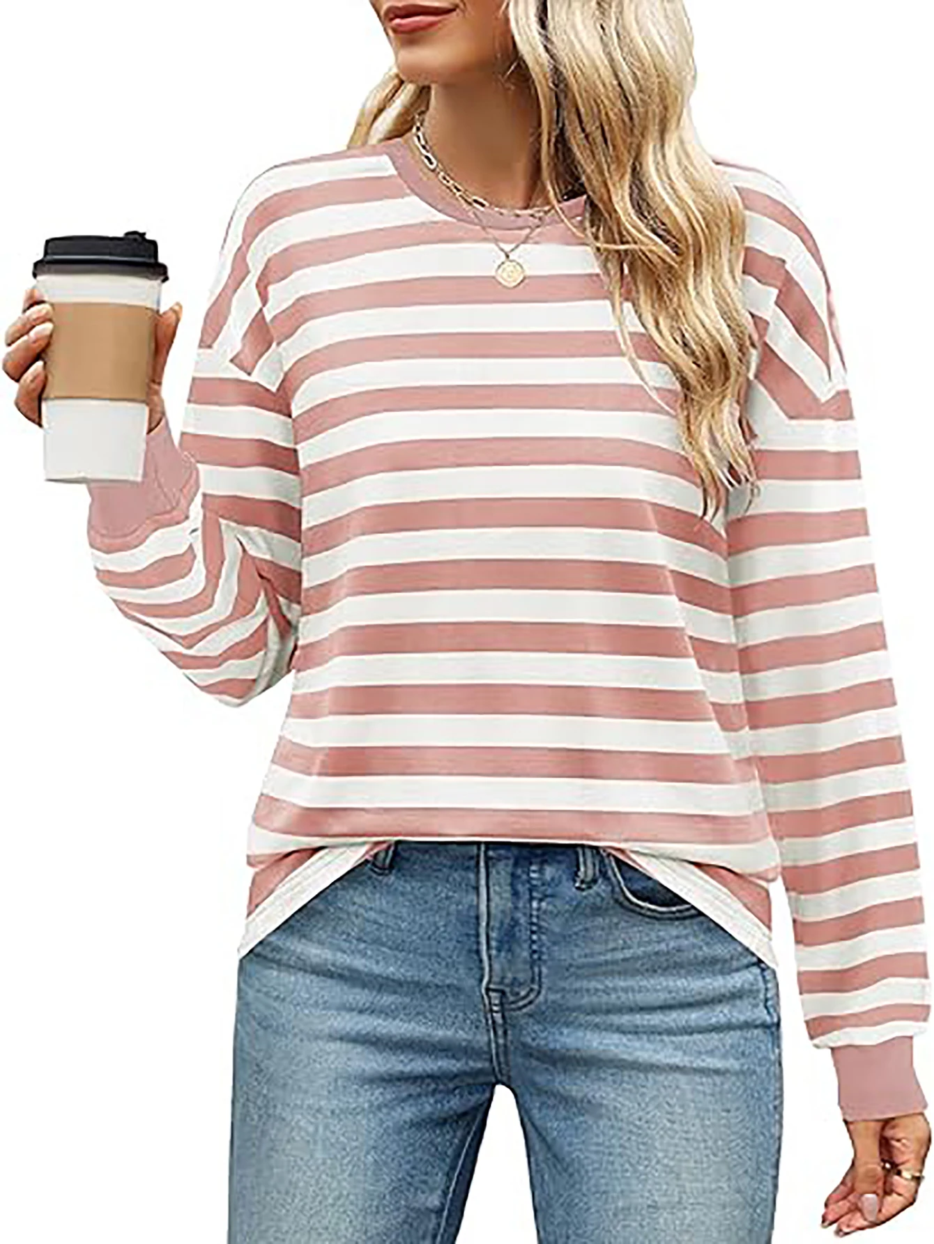 Aamikast Women's Big Size Tops Round Neck Striped Color Blocking Long Sleeve T-Shirt Loose Casual Fall Winter Clothing 1XL-5XL