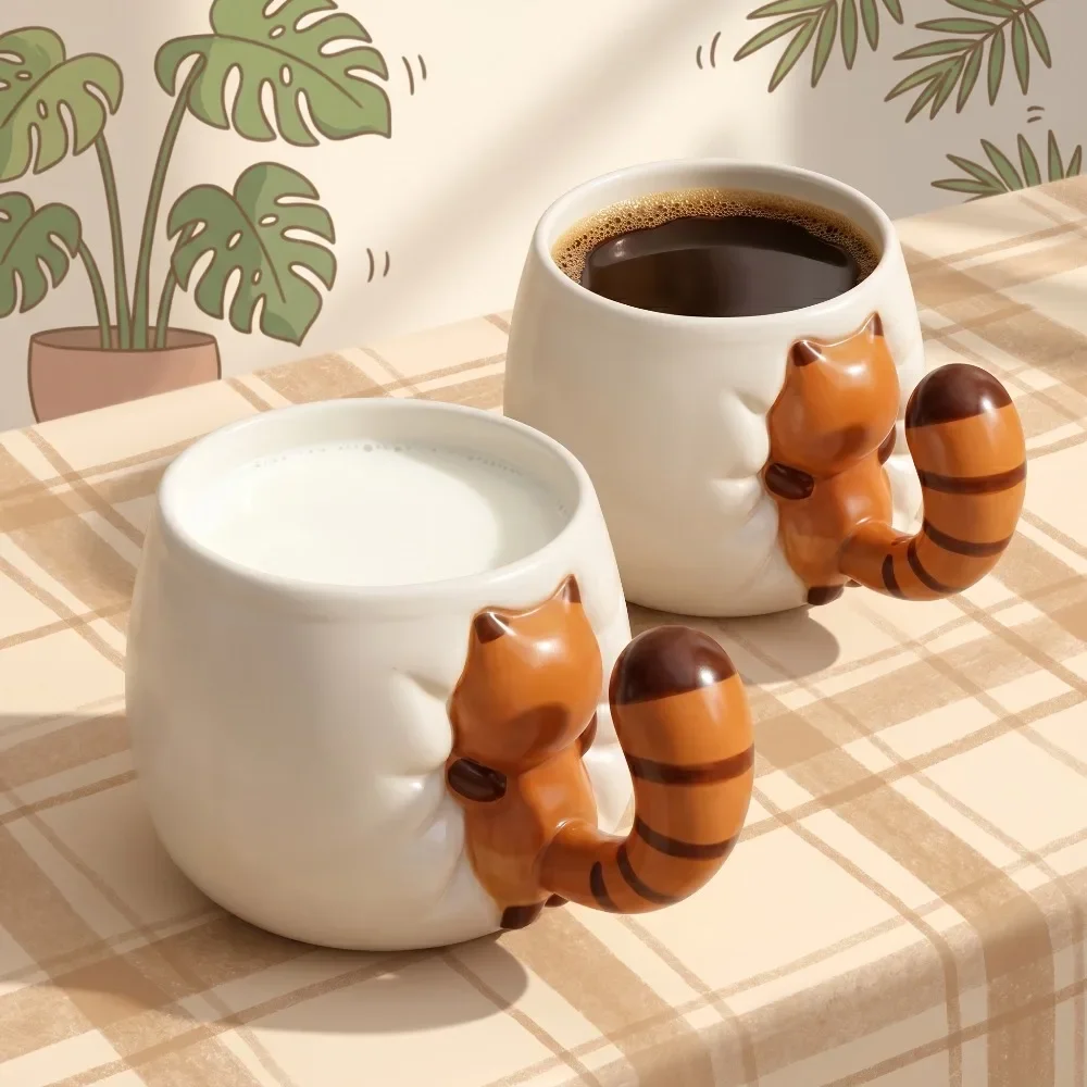 Cute 3D Red Panda Ceramic Mug Cartoon Animal Shaped Coffee Cup Striped Tail Handle Water Mug Creative Drinkware Birthday Gift