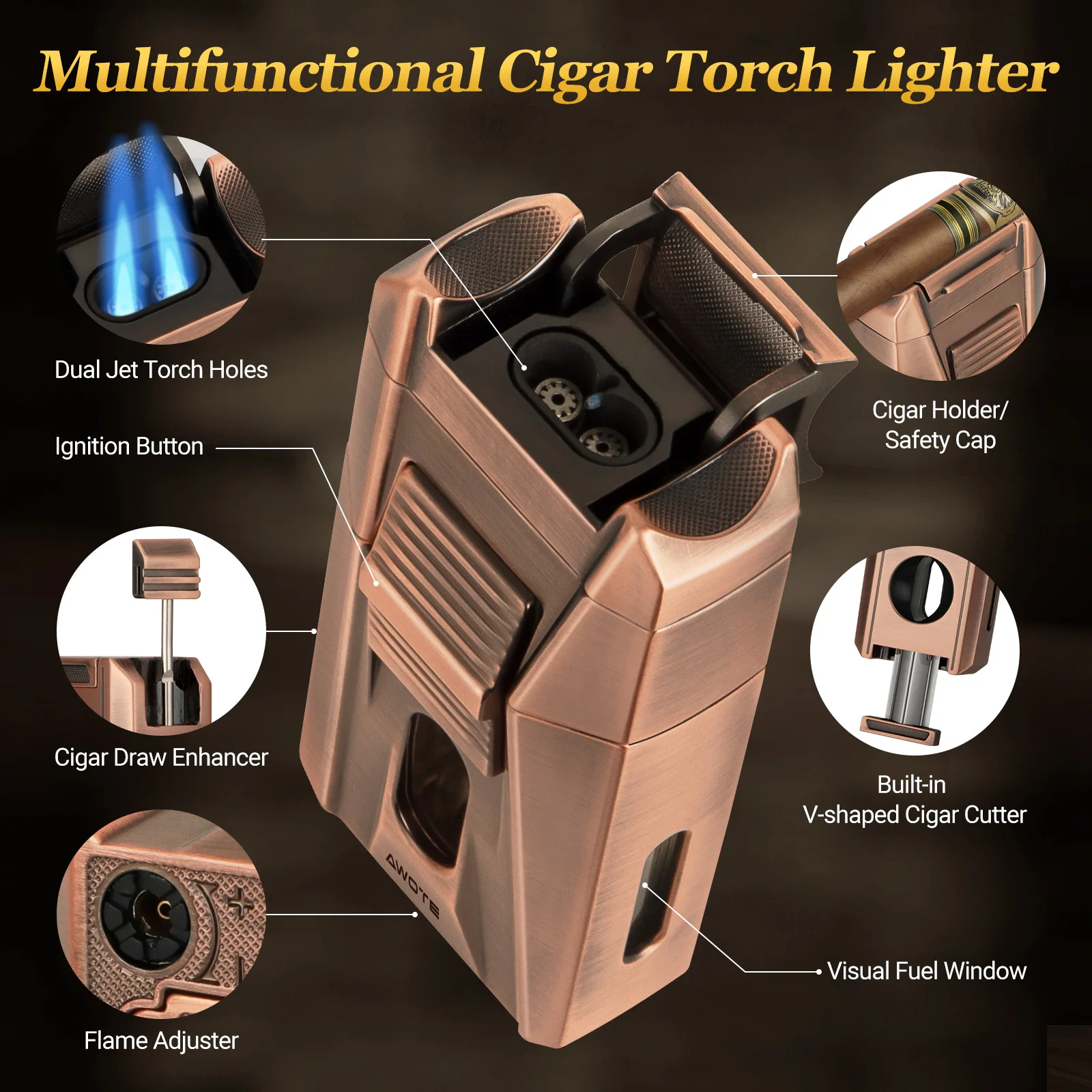 AWOTE Cigar Lighter with Double Jet Flame, Refillable Cigar Torch Lighter with Cigar Holder, V-Cigar Cutter, Cigar Draw Enhancer