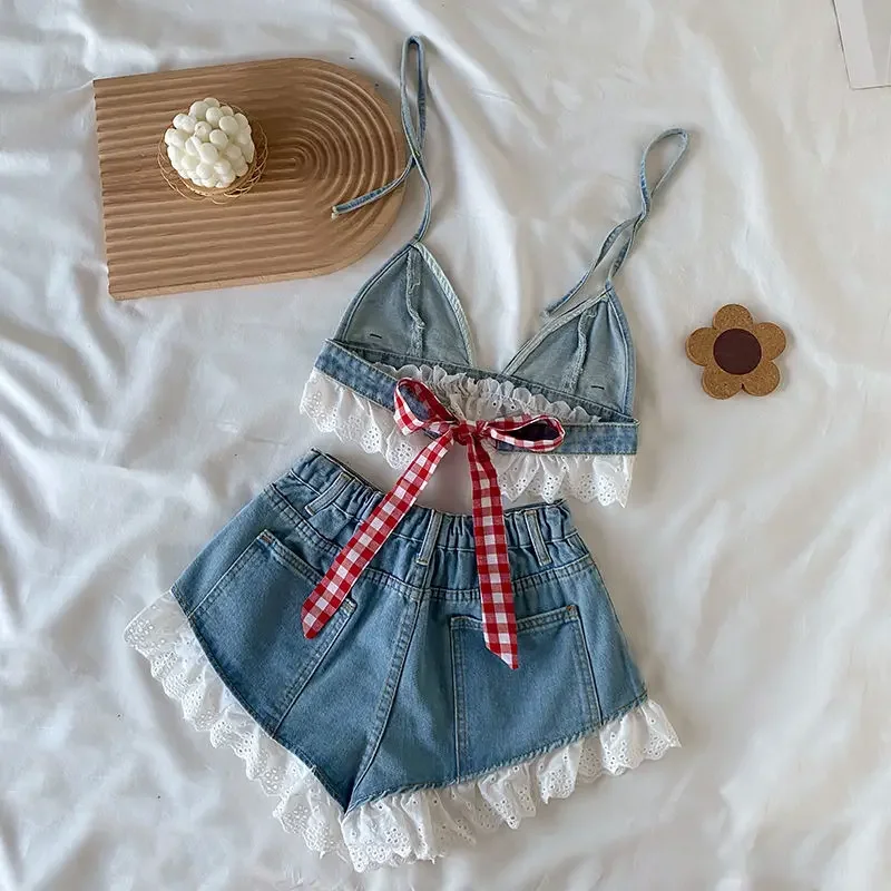 2023 Summer Denim Camisole Women's Clothing Short Section Hot Girl Lace Plaid Inner Top Boutique Clothing Simple Style