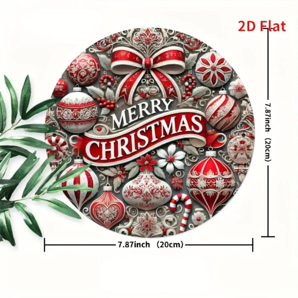 2D شقة 1PC عيد ميلاد سعيد جولة معدن القصدير علامة - مقاومة للخدش بالأشعة فوق البنفسجية، تصميم إكليل قصب الحلوى، ديكور عطلة داخلي في الهواء الطلق #2