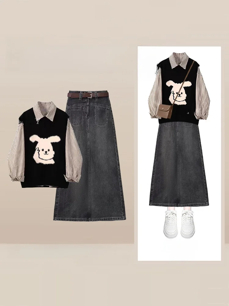 Autumn Winter Women's Stripe Long Sve irt And Knitted Vest High Waist Slimming Denim Skirt Two Piece Set Faionable Cas...