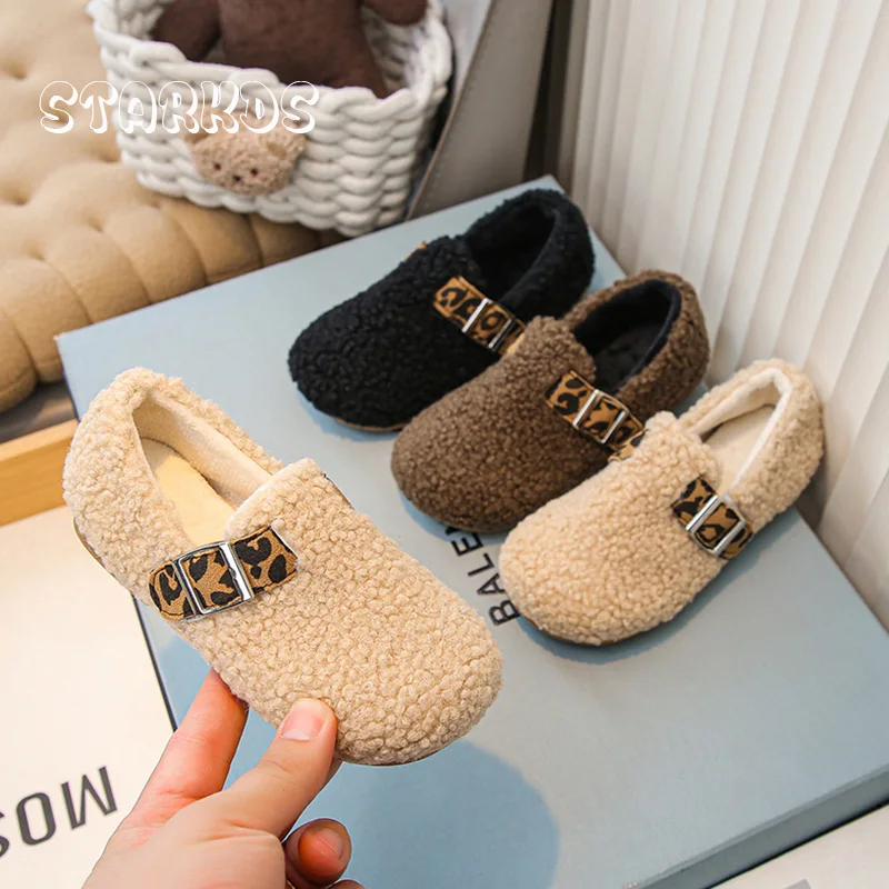 Cosy Teddy Fur Loafers Kid Boy Girl Winter Warm Lambswool Flat Shoe Baby Child Thick Fleece Plush  Birken Shoe With Leopard Belt