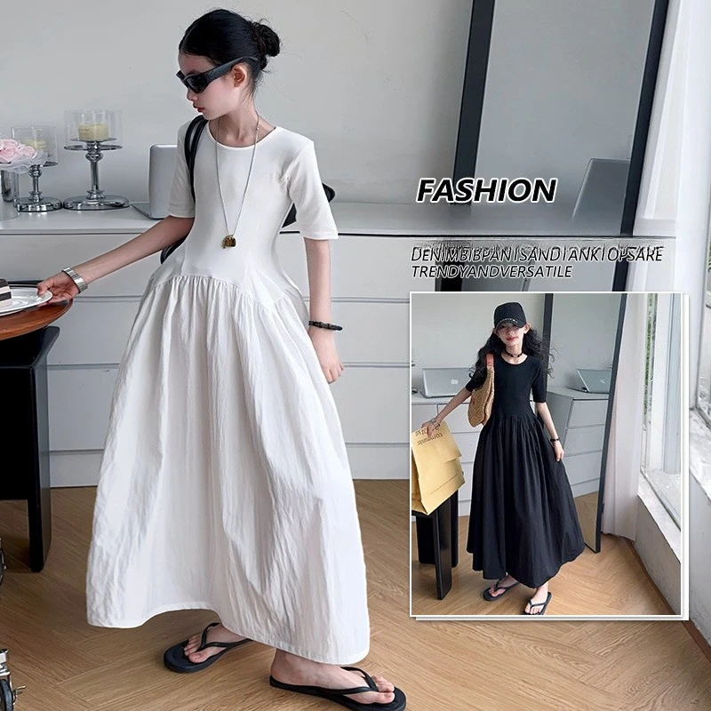 

French white black teen girls dress summer 2025 new junior kids pleated design princess long dresses 4-14