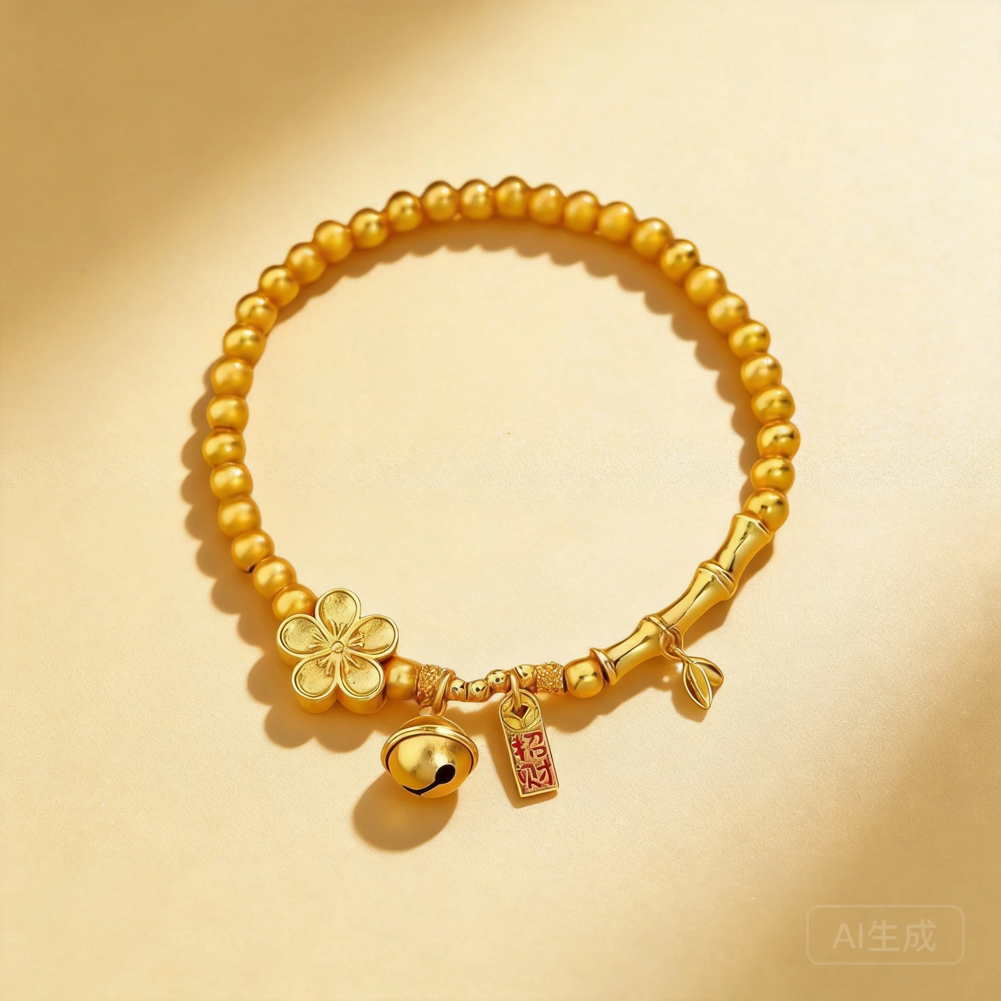 

Chinese Style Golden Titanium Steel Beaded Bracelet For Women Bamboo Joint Promotion Luck Flower Bell Pendant Wealth Blessing