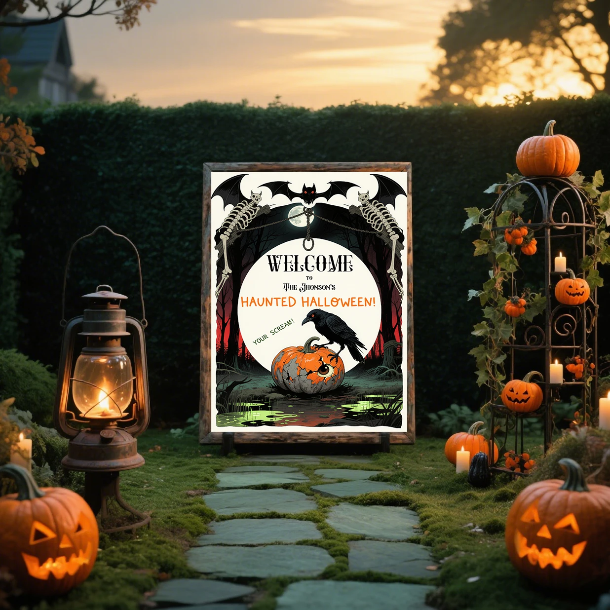 Custom Halloween Welcome Sign - Personalized Name Poster - Witch Ghost Pumpkin Decorr - Porch Party Hanging Art-Spooky Home Dec