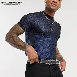 INCERUN Men Mesh T Shirt Transparent Short Sleeve 2024 Shiny Party Nightclub Thin T-shirts Men Breathable Sexy Fashion Camisetas