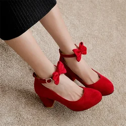 Primavera autunno Faux Suede scarpe da donna Sweet Bow Knot Pumps Square Low Heels Buckle scarpe Casual Beige nero rosa