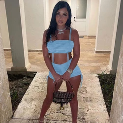 Sexy Drawstring Ruched Women 2 Piece Set Summer Outfit Vacation Beach Birthday Crop Top and Shorts Clubwear Party Matching Sets