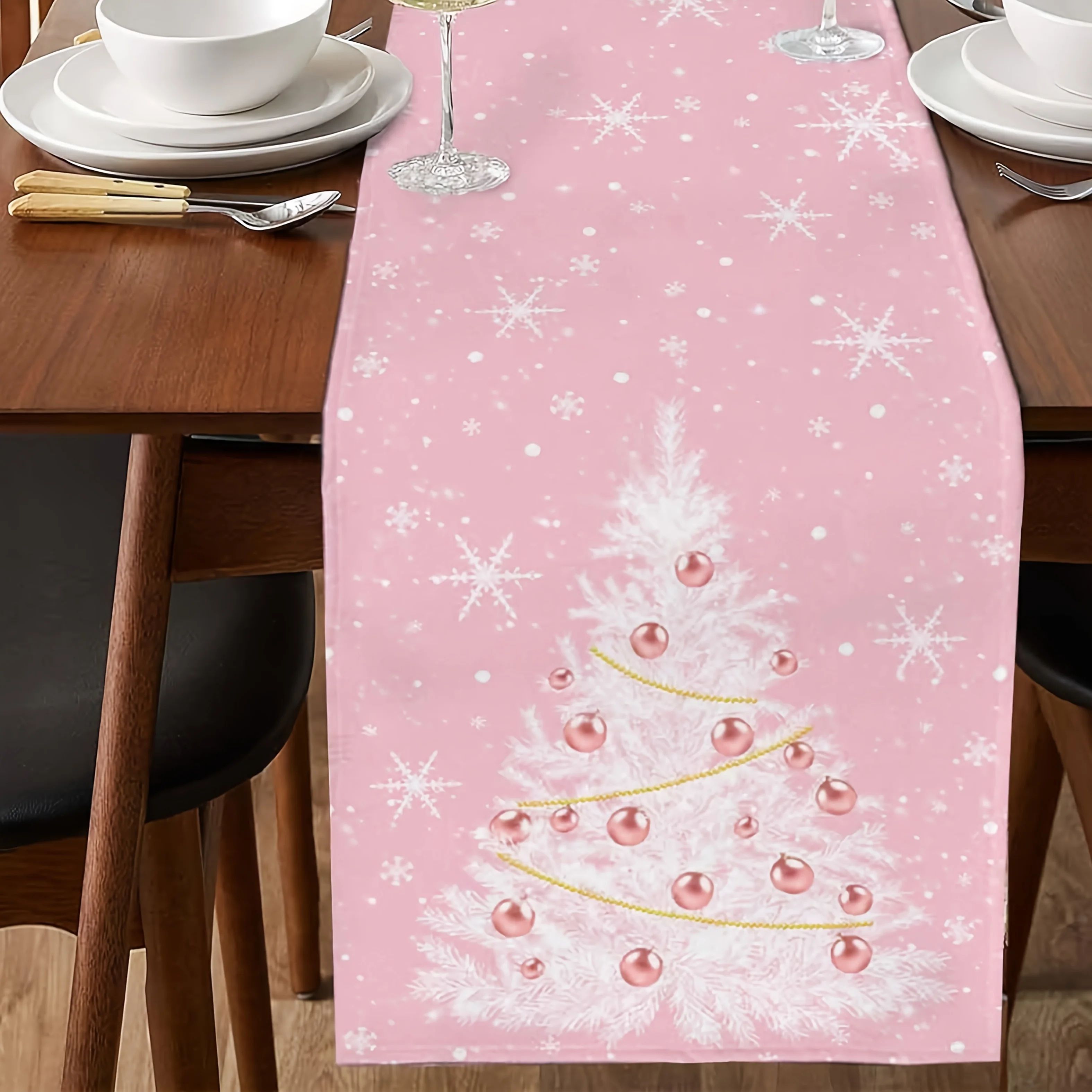 1 Stück Dokriy Weihnachtskugel Weißer Weihnachtsbaum Schnee Rosa Tischläufer für Küchentischdekoration Innen Familie Party Urlaub