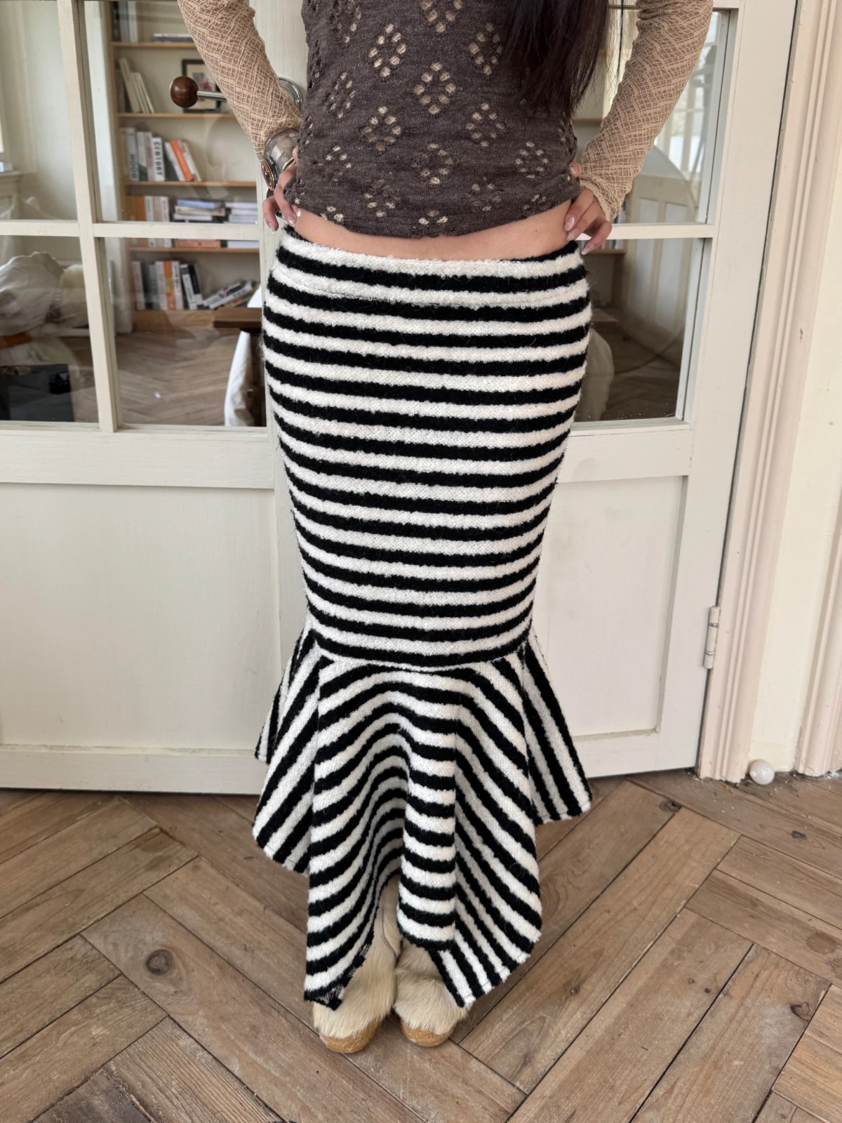 

Low Waist Asymmetrical Design Wool Blend Fi Tail Skirt with Bla And White Stripes Vintage Sle Commute Warm Ladies Skirt