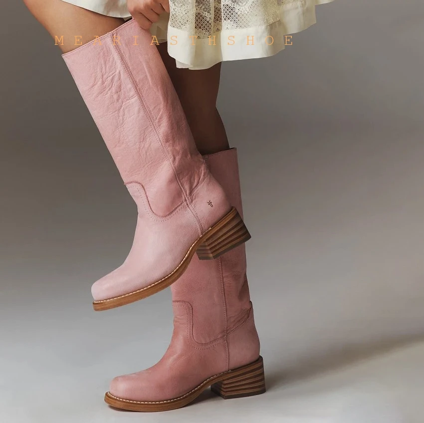 big size 35-46Pink Knee-high Thick Heel Boots Women's V-notch Knight Boots Chunky High-calf Slim Boot Small Size Long-calf Boots