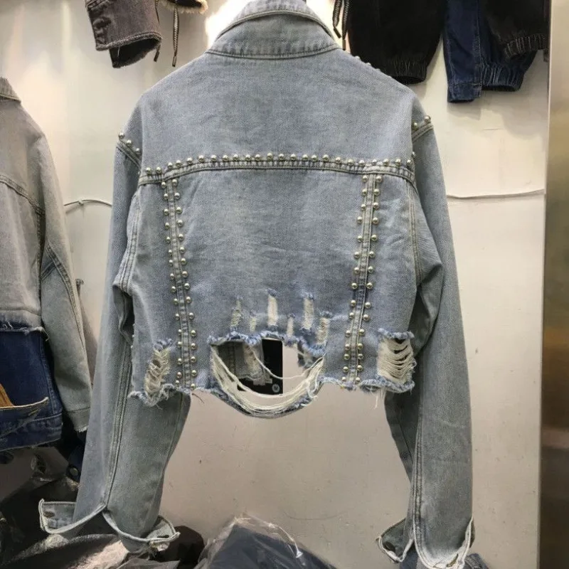 

Women Long-sleeved Worn-out Beaded Jacket Top European Station New Spring Heavy Industry Riveted Diamond-encrusted Denim Jacket
