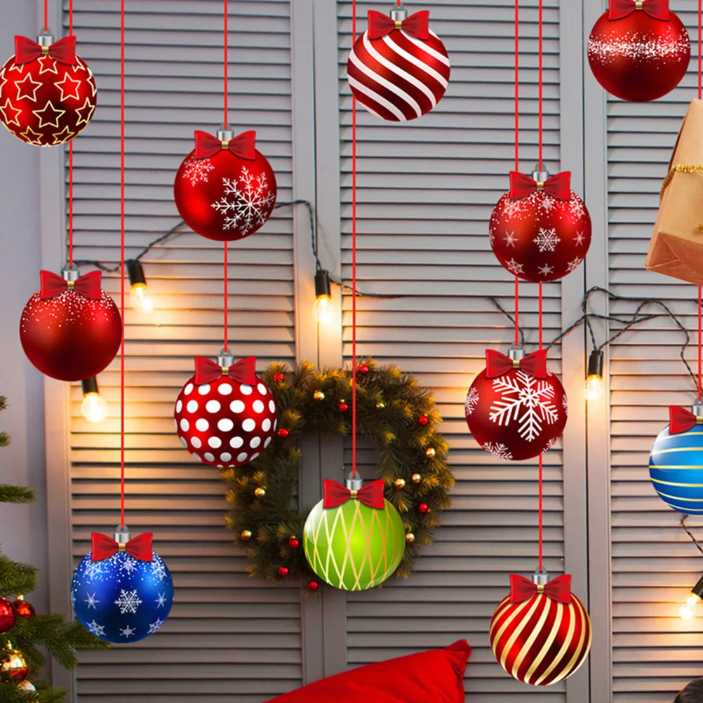 

12 Sheets Christmas Ball Pendant Hanging Decorative PVC Colorful Xmas Balls Red Ribbon Christmas Tree Ornaments Hanging Decor
