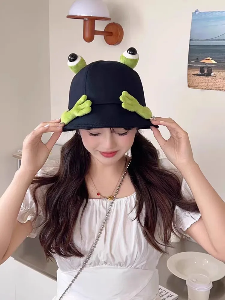 2024 New Cute Big Eyes Frog Bucket Hats Outdoor Foldable Sun Fishing Cap Women Lady Summer Cotton Wild Panama Hats