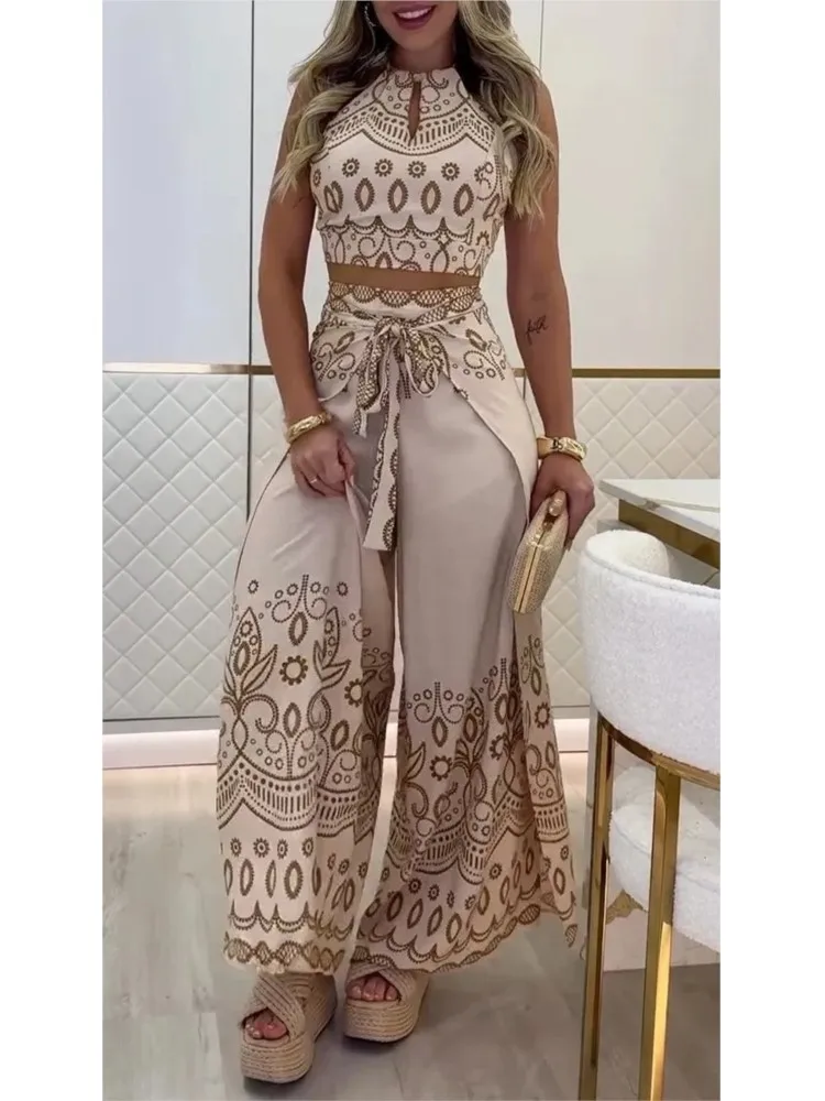 Sommer Neue Mode Gedruckt Beiläufige Lose Anzug Literarischen Retro Ärmellose Halter Top Breite bein Hosen Pendeln Zwei-stück Sets