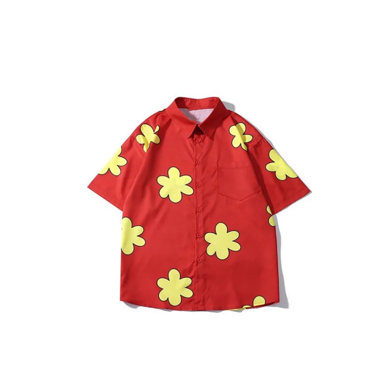 

Y2K Spring and Autumn Red Cartoon Flower Short Sleeve Shirt Men Hawaiian Vintage Japanese Beach men clothing