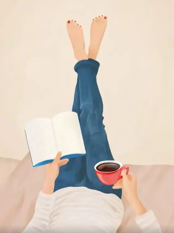 Cozy Reading Time Wall Art, Woman Relaxing with Book & Red Coffee Cup, Minimalist Neutral Bedroom Decor Poster