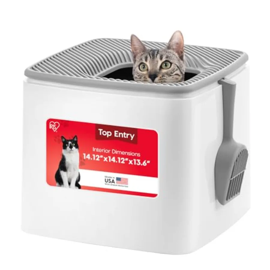 

Cat Litter Box Top-Entry Square Top Entry Litter Box with Scoop Enclosed Litterbox with Odor Control Dog Proof Covered Litter B