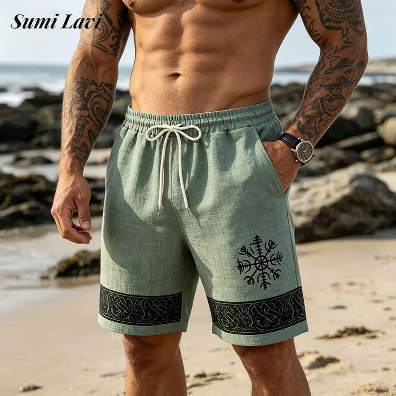 

2026 Summer Holiday Mens Casual Shorts Vintage Drawstring Loose Shorts Fashionable Graphic Printing Men Breathable Shorts