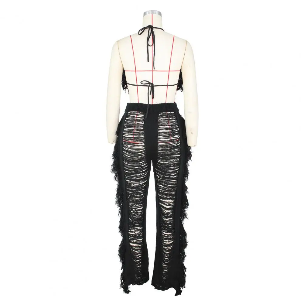 

Fringed Trousers Suit Stylish Women's Beach Vacation Crop Top Pants Set with Tassel Detailing Lace-up Halter Neck High Waist