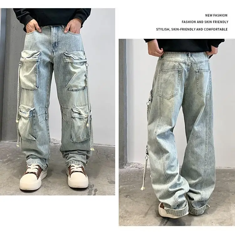 

2025 New Fashion Men's Washed Light Blue Multi Pocket Casual Trendy Loose Wide Leg Straight Cargo Denim Trousers Male Jeans Pant