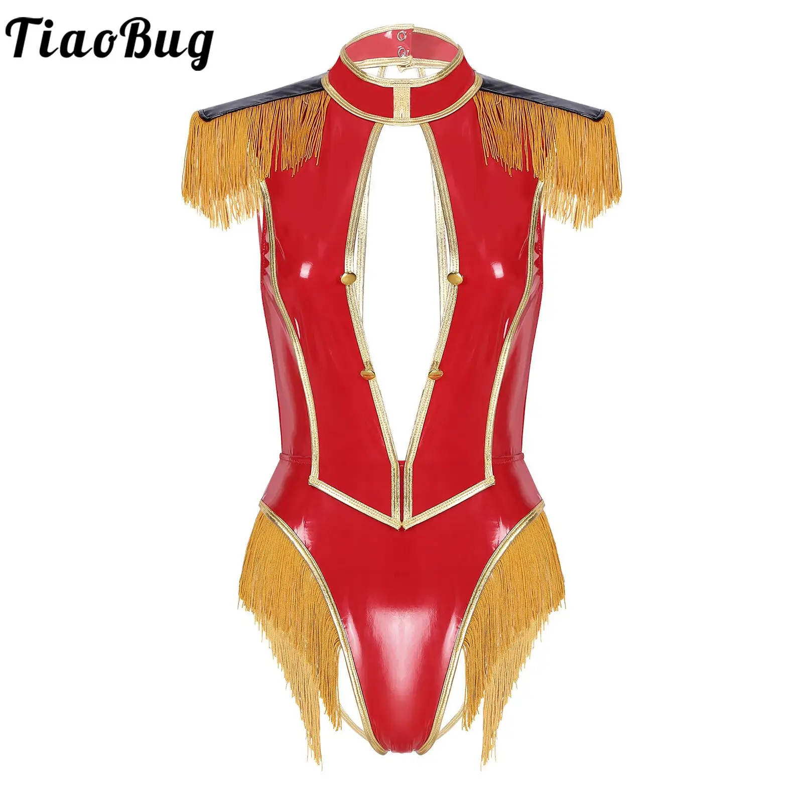 

Women Ringmaster Circus Trainer Costumes Glossy Patent Leather Bodysuit Sleeveless Open Back Tassels Jumpsuits for Halloween